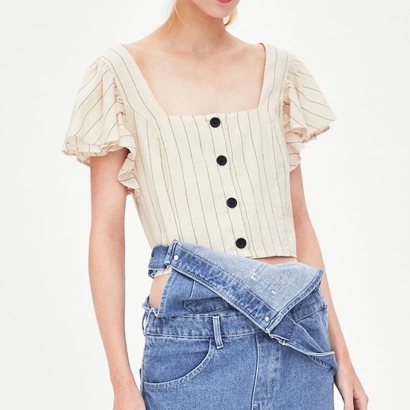 Zara Cream Pin Stripe Ruffle Button Front Crop Top Shirt - Picture 6 of 10